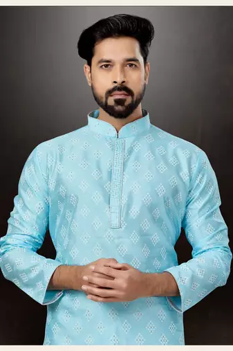 Sky blue prined silk dupion  kurta pajama set