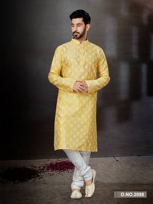 Yellow prined silk dupion  kurta pajama set 1
