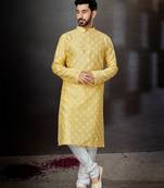 Yellow prined silk dupion  kurta pajama set