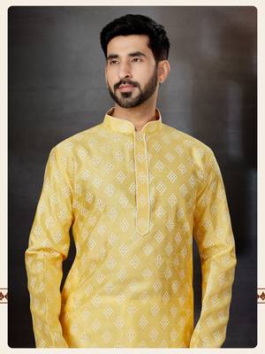 Yellow prined silk dupion  kurta pajama set 2