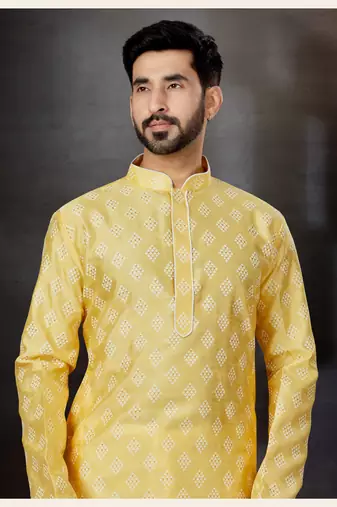 Yellow prined silk dupion  kurta pajama set