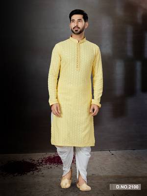 Lemon yellow rayon full embroidered lucknowi chikankari  kurta pajama set 1