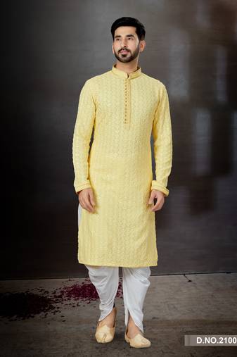 Lemon yellow rayon full embroidered lucknowi chikankari  kurta pajama set