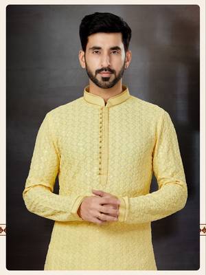 Lemon yellow rayon full embroidered lucknowi chikankari  kurta pajama set 2