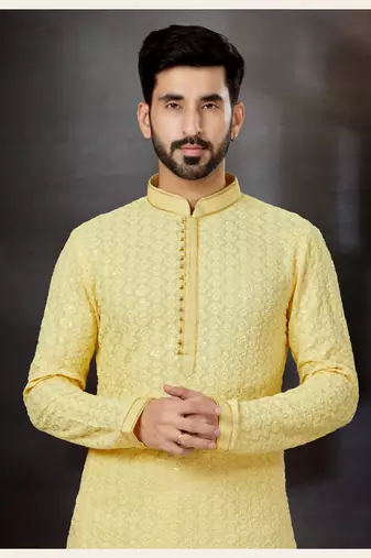 Lemon yellow rayon full embroidered lucknowi chikankari  kurta pajama set