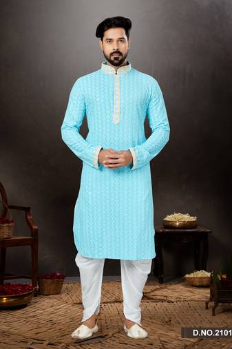 Firozi rayon full embroidered lucknowi chikankari  kurta pajama set