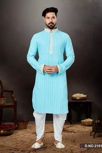 Firozi rayon full embroidered lucknowi chikankari  kurta pajama set