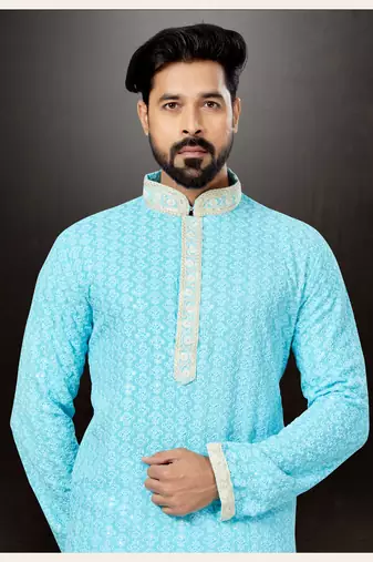 Firozi rayon full embroidered lucknowi chikankari  kurta pajama set