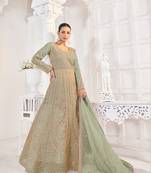 Sea green net embroidered floor length gown