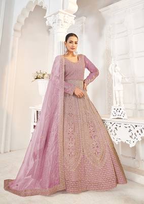 Pink net embroidered floor length gown 1