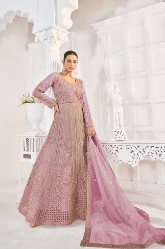 Pink net embroidered floor length gown
