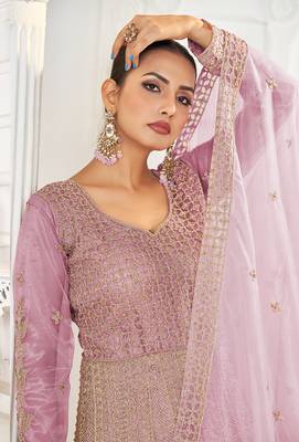 Pink net embroidered floor length gown 3