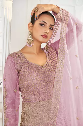 Pink net embroidered floor length gown