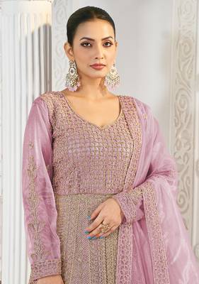 Pink net embroidered floor length gown 4