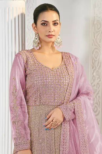 Pink net embroidered floor length gown