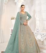 Aqua blue net embroidered floor length gown