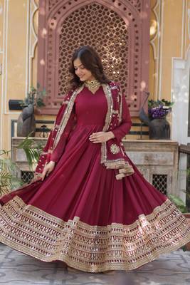Maroon georgette sequins embroidered falred gown with heavy dupatta 1