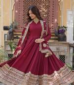 Maroon georgette sequins embroidered falred gown with heavy dupatta