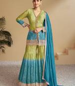 Sky embroidered chinon free size stitched palazzo suit