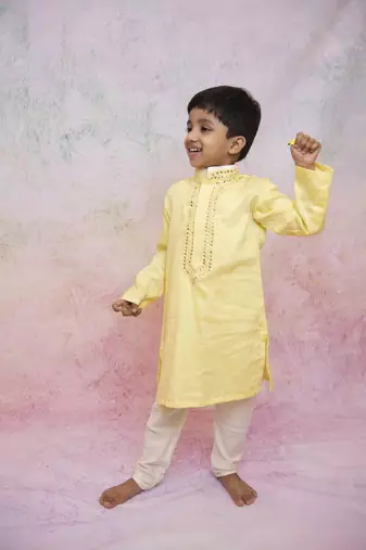 Yellow mirror embroidered kurta set