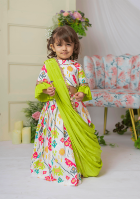 White ikkat blouse with ghaghra and dupatta 1
