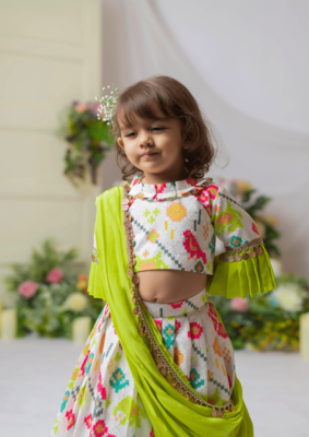 White ikkat blouse with ghaghra and dupatta 3