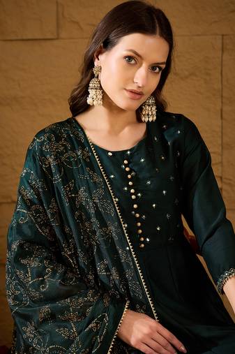 Green self design poly silk styles women's kurta trousers with dupatta