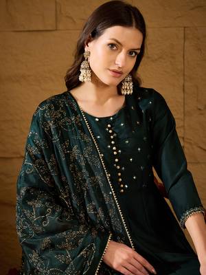 Green self design poly silk styles women's kurta trousers with dupatta 1