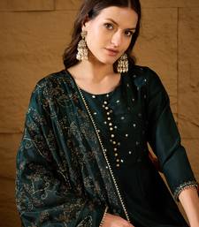 Green self design poly silk styles women's kurta trousers with dupatta