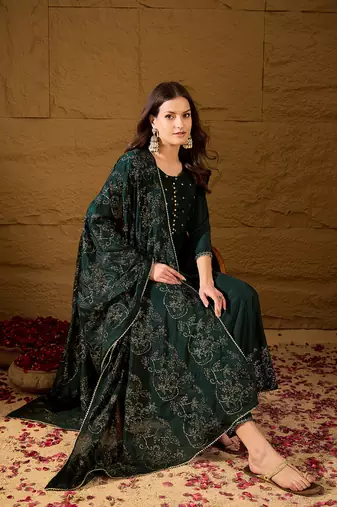 Green self design poly silk styles women's kurta trousers with dupatta