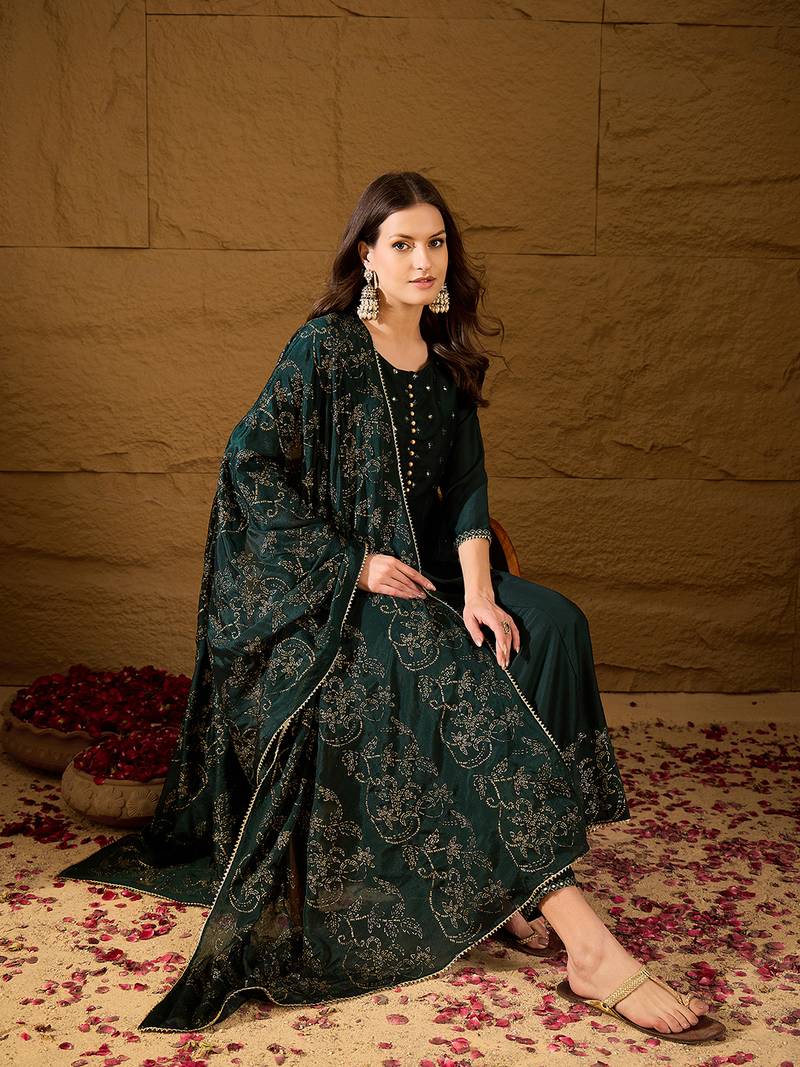 Green self design poly silk styles women's kurta trousers with dupatta