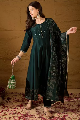 Green self design poly silk styles women's kurta trousers with dupatta