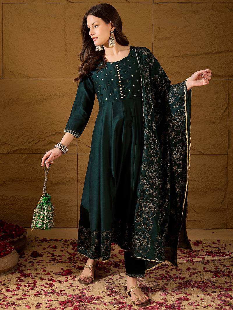 Green self design poly silk styles women's kurta trousers with dupatta