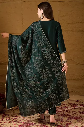 Green self design poly silk styles women's kurta trousers with dupatta