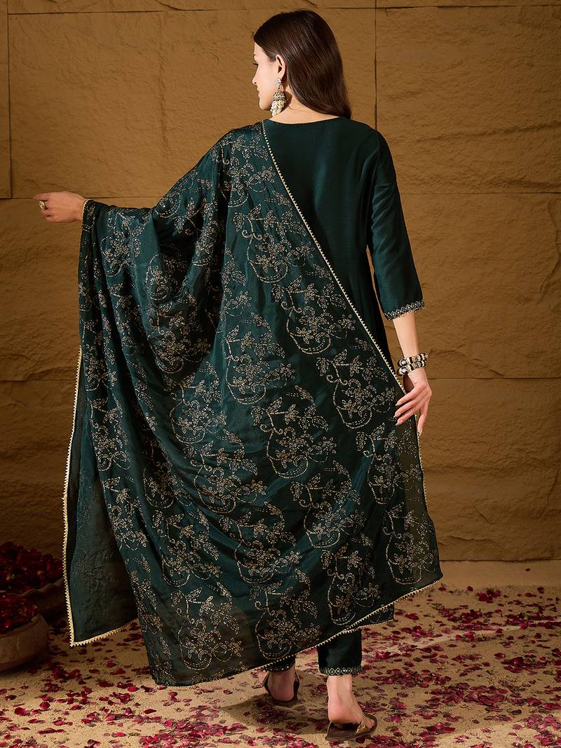 Green self design poly silk styles women's kurta trousers with dupatta