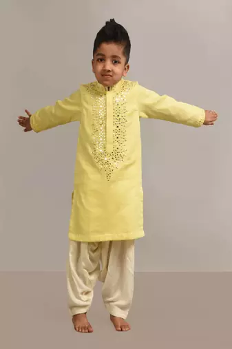 Yellow mirror embroidery kurta patiala