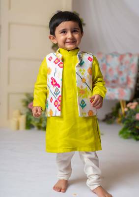 White ikkat nehru jacket with green kurta churidar set 1