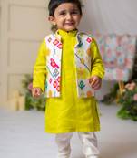 White ikkat nehru jacket with green kurta churidar set