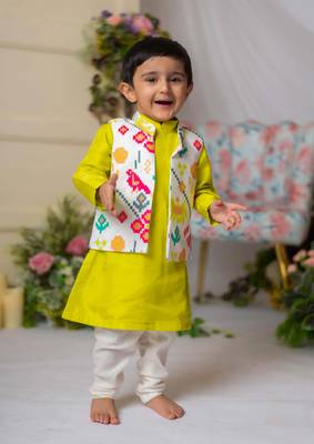 White ikkat nehru jacket with green kurta churidar set 2