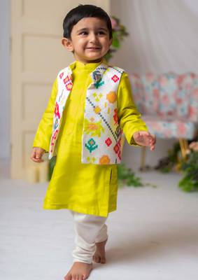 White ikkat nehru jacket with green kurta churidar set 3