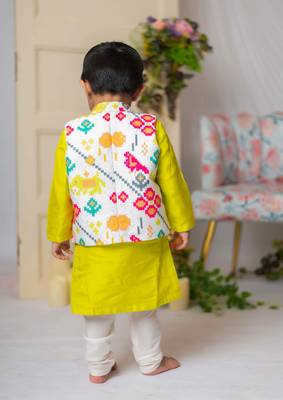 White ikkat nehru jacket with green kurta churidar set 4
