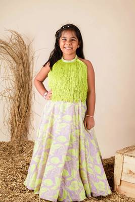 Lilac green fringe ghaghra set 1
