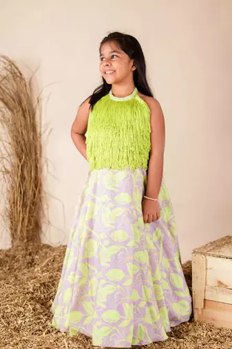 Lilac green fringe ghaghra set