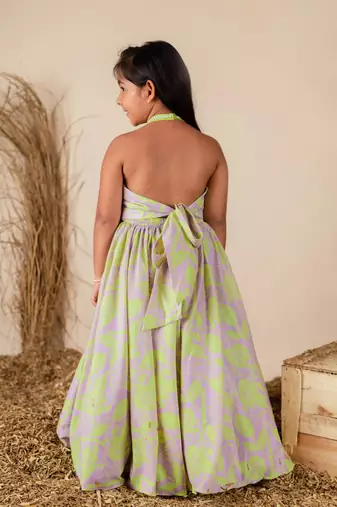 Lilac green fringe ghaghra set