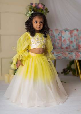 Yellow white floral embroidery ghaghra set 1