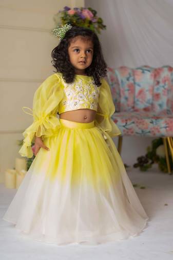 Yellow white floral embroidery ghaghra set