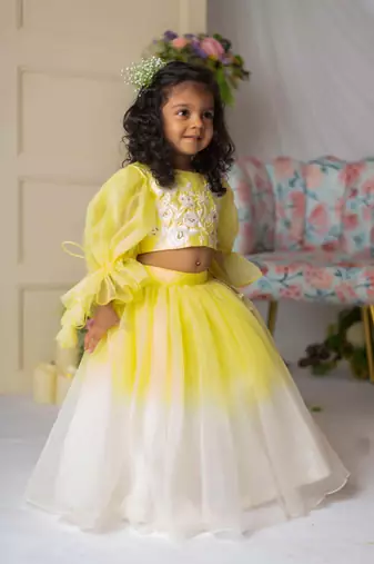 Yellow white floral embroidery ghaghra set