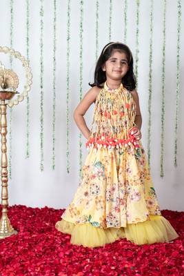 Yellow floral pompom ghaghra 1