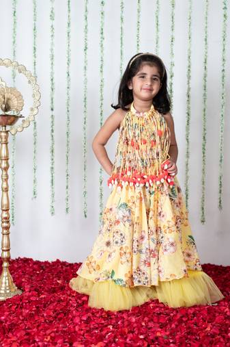 Yellow floral pompom ghaghra