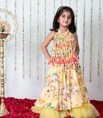 Yellow floral pompom ghaghra